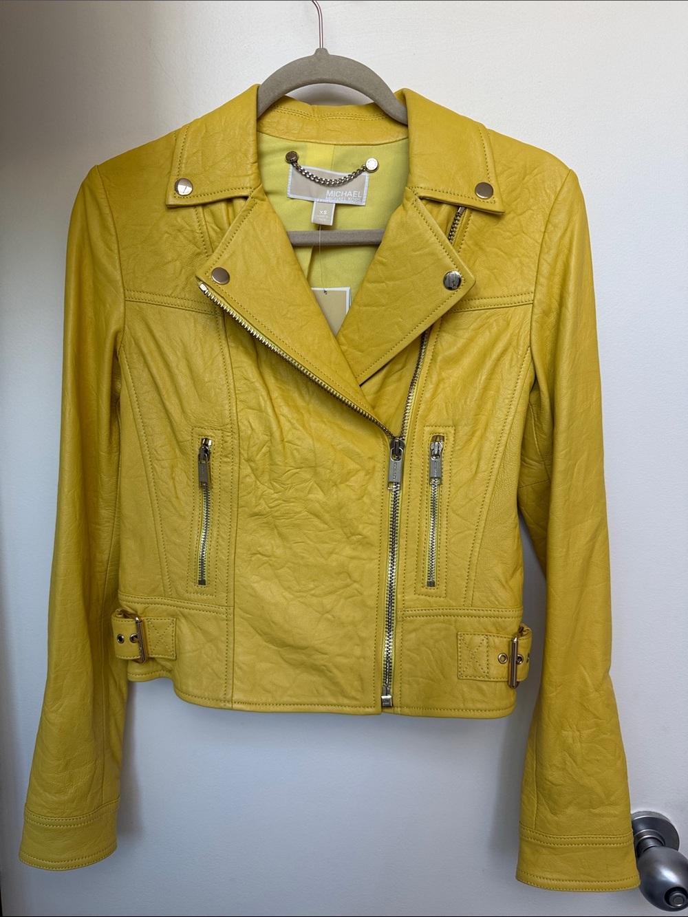 Michael Kors Vibrant Yellow Sunshine Winkle Leather Moto Jacket XS
